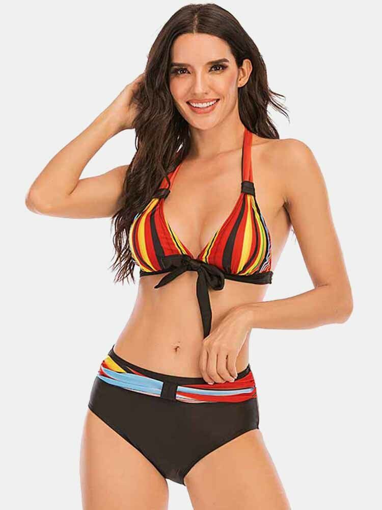 Plus Size Damer Färgglada Stripe Slips Fram Grimma Baklösa Bikinis Badkläder