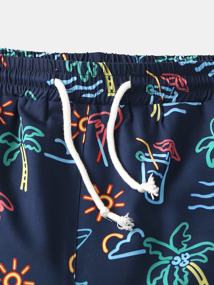 Rolig Tecknad Filmtryck För Mäns Semester Med Dragsko Snabbtorkande Mini Korta Strandshorts