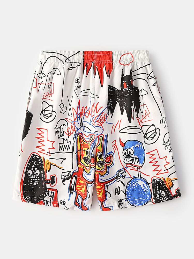 Roliga Graffititryck För Män Snabbtorkande Mesh Foderficka Casual Loose Board Shorts