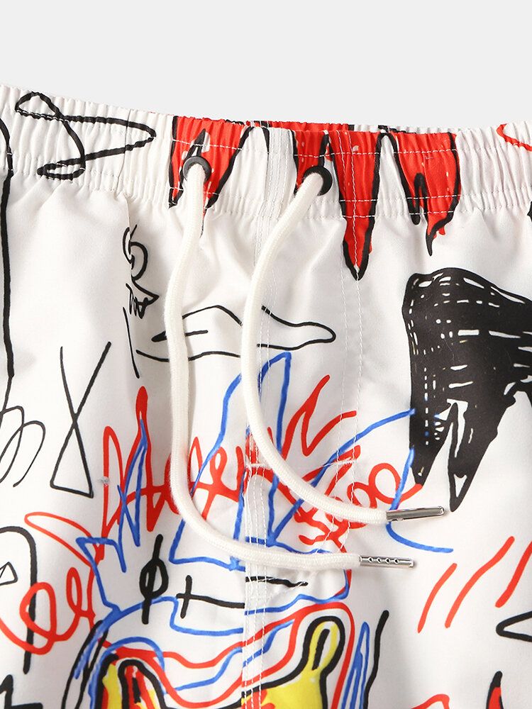 Roliga Graffititryck För Män Snabbtorkande Mesh Foderficka Casual Loose Board Shorts