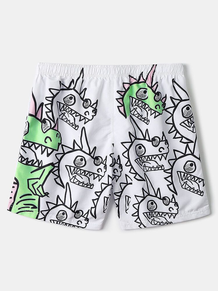 Tecknad Dinosaurietryck För Män Snabbtorkande Strandshorts Med Dragsko