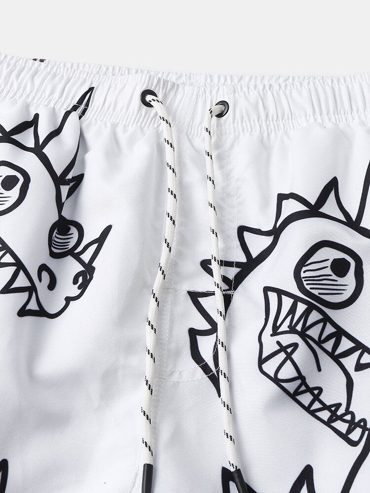 Tecknad Dinosaurietryck För Män Snabbtorkande Strandshorts Med Dragsko