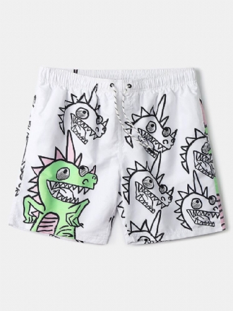 Tecknad Dinosaurietryck För Män Snabbtorkande Strandshorts Med Dragsko