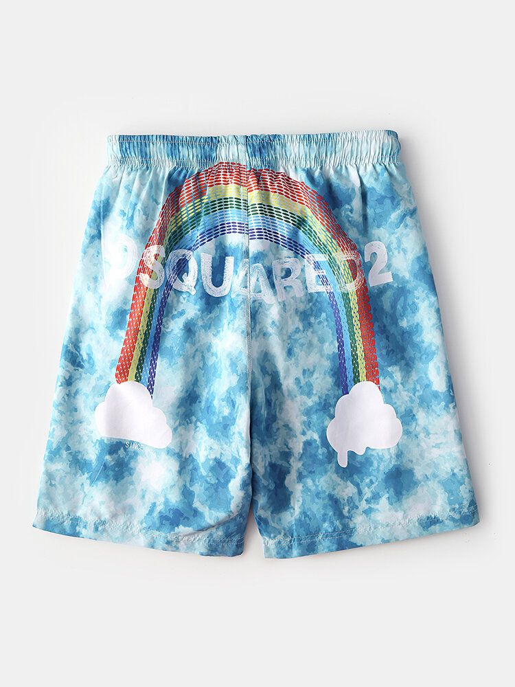 Tie-dye Herr Letter Regnbågstryck Mesh Andas Dragsko Casual Board Shorts