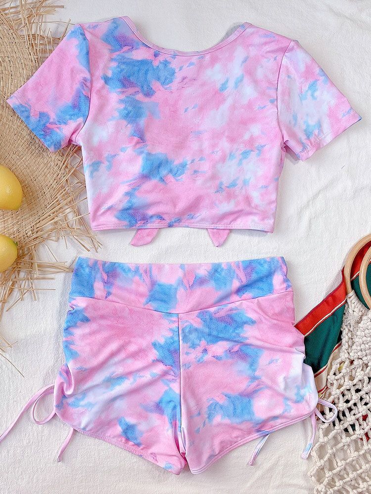 Tie Dye Kortärmad Knuten Top Side Dragsko Shorts Holiday Casual High Waist Dam Bikini