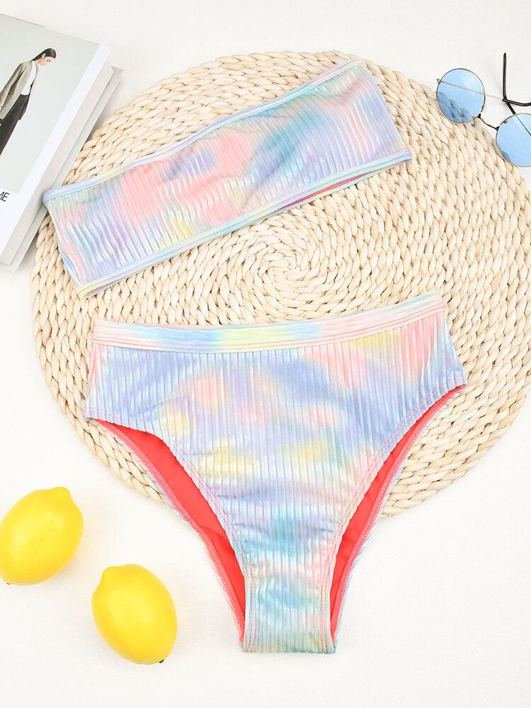 Tie Dye Print Ribbed Wireless Bandeau High Waist Bikini