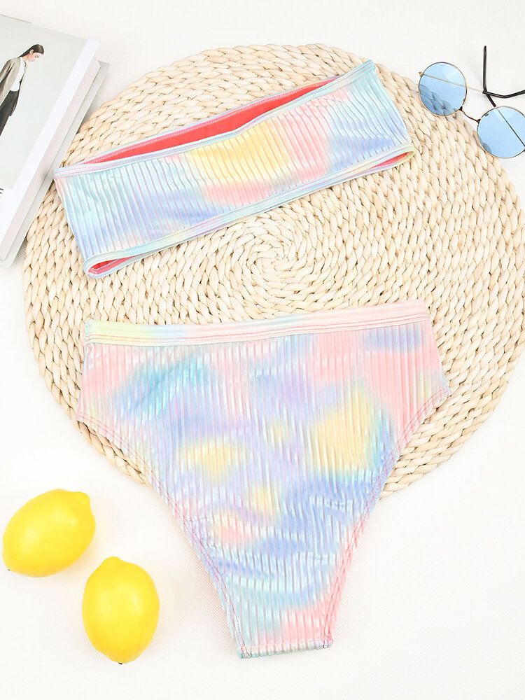 Tie Dye Print Ribbed Wireless Bandeau High Waist Bikini