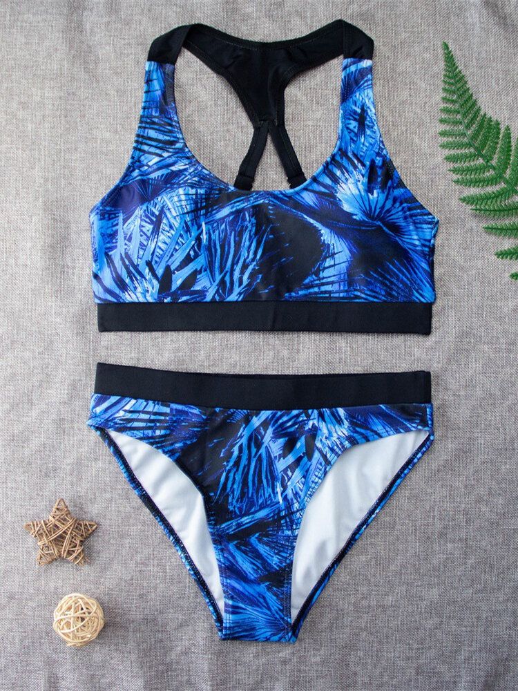 Tropical Leaf Print Criss Cross Back Breda Remmar Hög Midja Sommar Beach Bikinis Badkläder