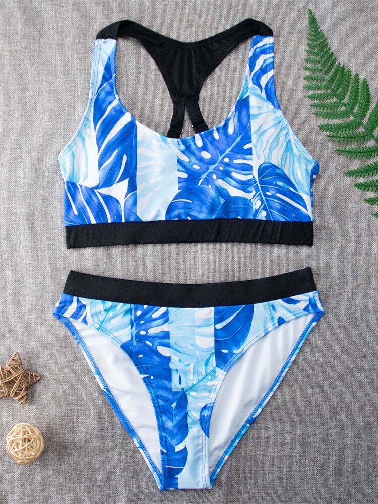 Tropical Leaf Print Criss Cross Back Breda Remmar Hög Midja Sommar Beach Bikinis Badkläder