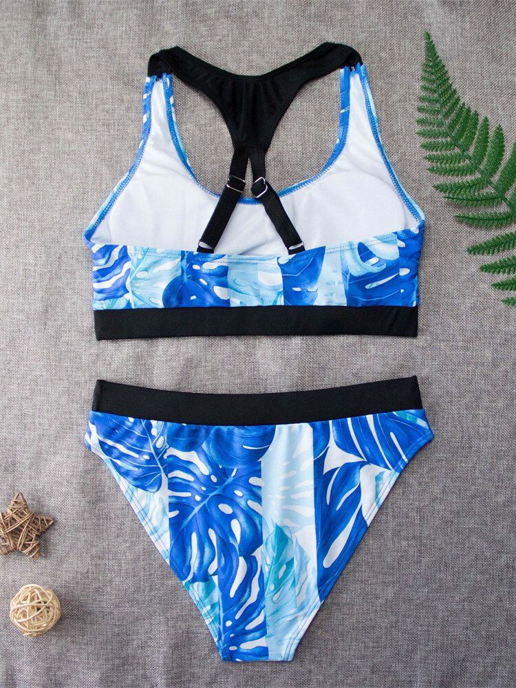 Tropical Leaf Print Criss Cross Back Breda Remmar Hög Midja Sommar Beach Bikinis Badkläder