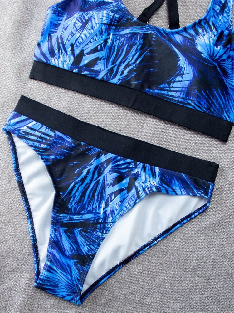 Tropical Leaf Print Criss Cross Back Breda Remmar Hög Midja Sommar Beach Bikinis Badkläder