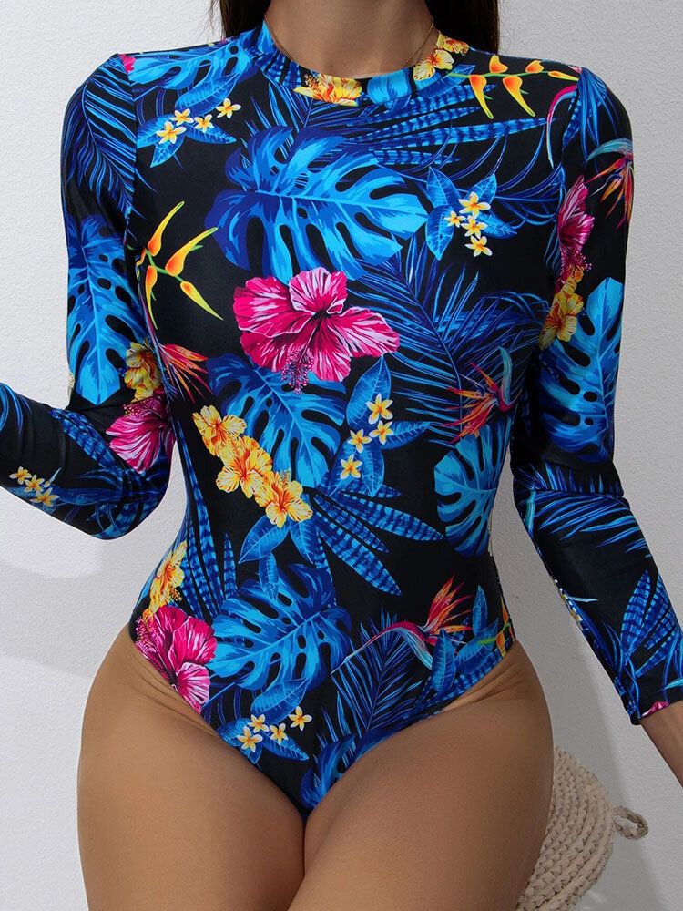 Tropical Leaves Print High Neck Backless Long Slimming One Piece Dam Badkläder