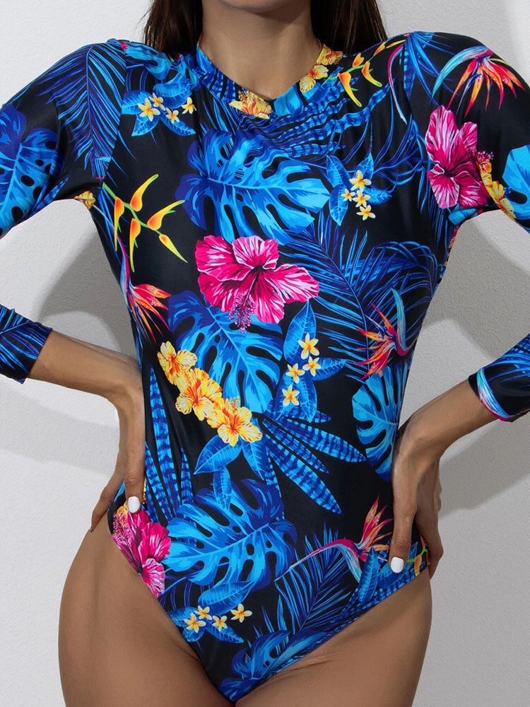 Tropical Leaves Print High Neck Backless Long Slimming One Piece Dam Badkläder