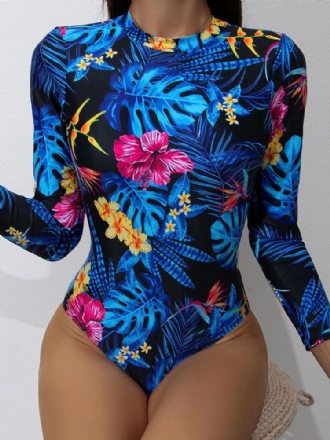 Tropical Leaves Print High Neck Backless Long Slimming One Piece Dam Badkläder