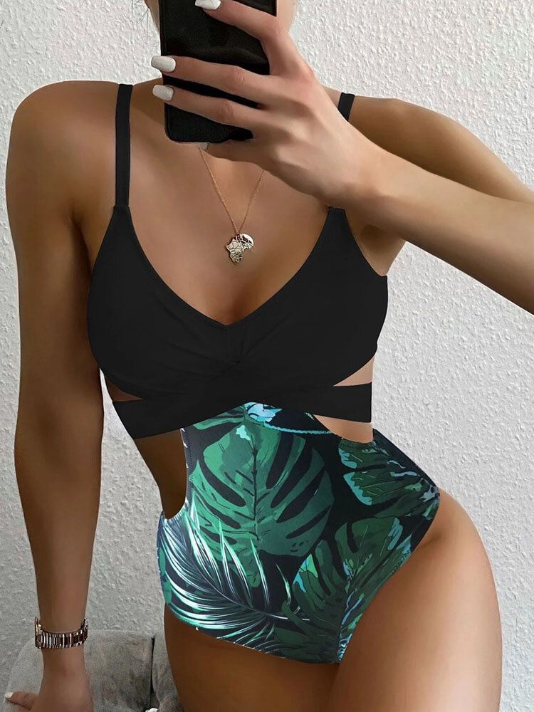 Tropical Plant Print Cross Cut Out Tie Back Hawaii Style One Piece Baddräkt För Kvinnor