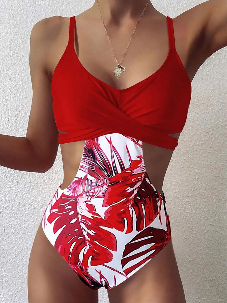 Tropical Plant Print Cross Cut Out Tie Back Hawaii Style One Piece Baddräkt För Kvinnor