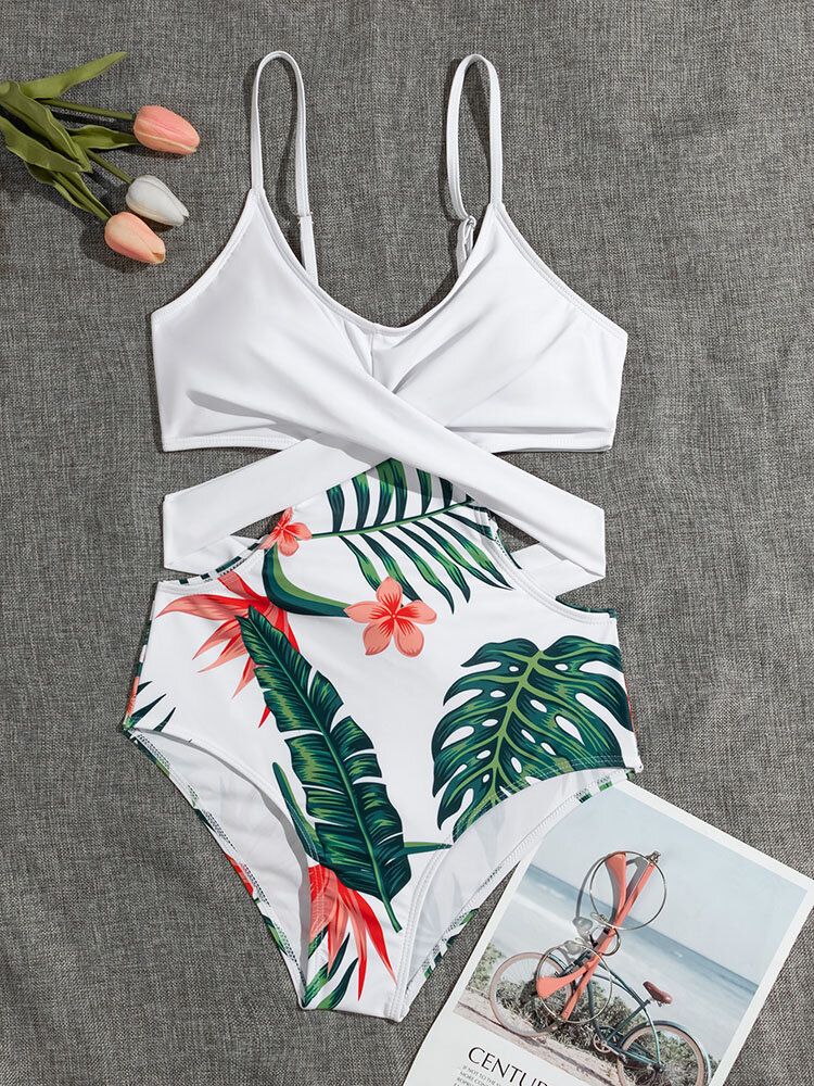 Tropical Plant Print Crosscross Cut Out Strappy One Piece Hawaii Style Dam Badkläder