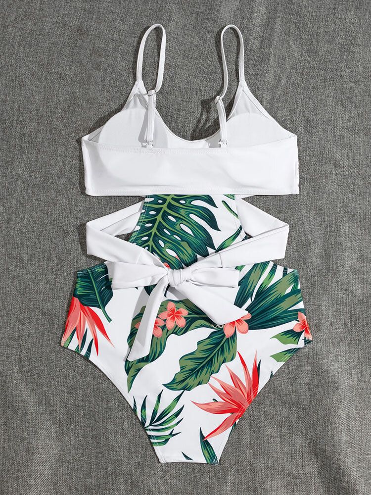 Tropical Plant Print Crosscross Cut Out Strappy One Piece Hawaii Style Dam Badkläder