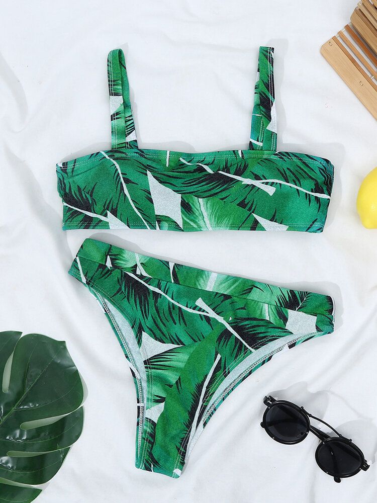 Tropical Plant Print Öppen Rygg Justerbara Remmar Hög Midja Beach Bikinis Baddräkt