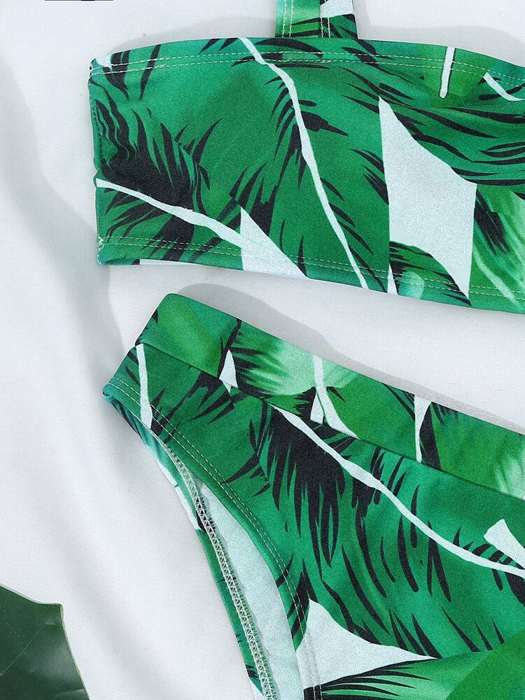 Tropical Plant Print Öppen Rygg Justerbara Remmar Hög Midja Beach Bikinis Baddräkt