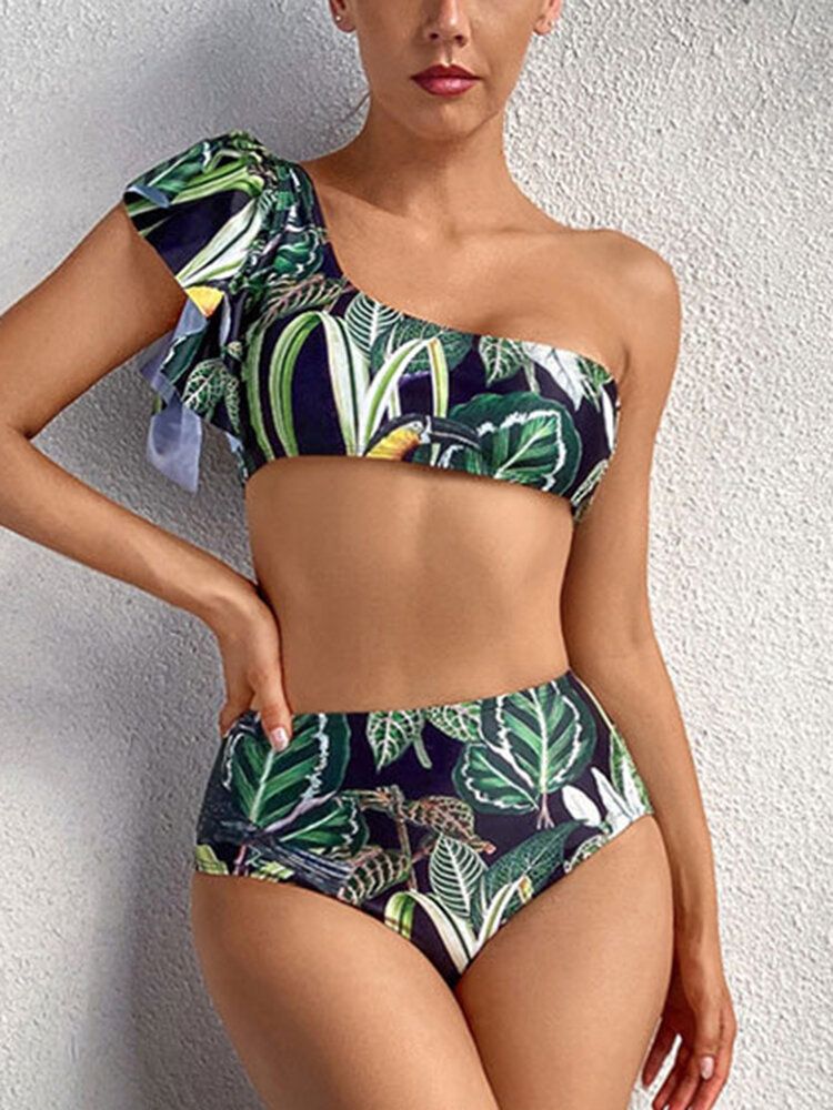 Tropical Plant Print One Shoulder Bandage Rygglös Hög Midja Gröna Bikinis Badkläder