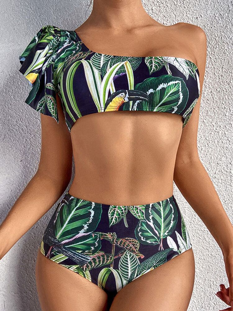 Tropical Plant Print One Shoulder Bandage Rygglös Hög Midja Gröna Bikinis Badkläder