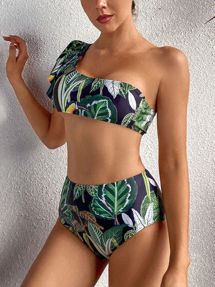 Tropical Plant Print One Shoulder Bandage Rygglös Hög Midja Gröna Bikinis Badkläder