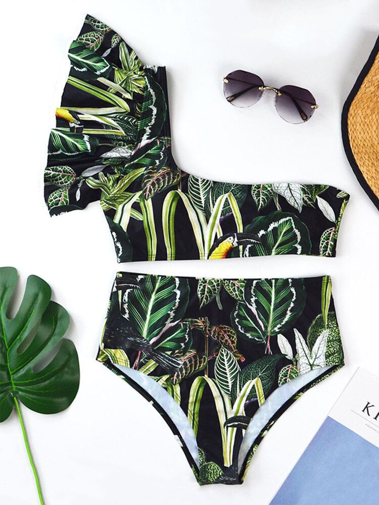 Tropical Plant Print One Shoulder Bandage Rygglös Hög Midja Gröna Bikinis Badkläder