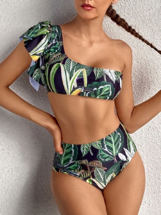 Tropical Plant Print One Shoulder Bandage Rygglös Hög Midja Gröna Bikinis Badkläder