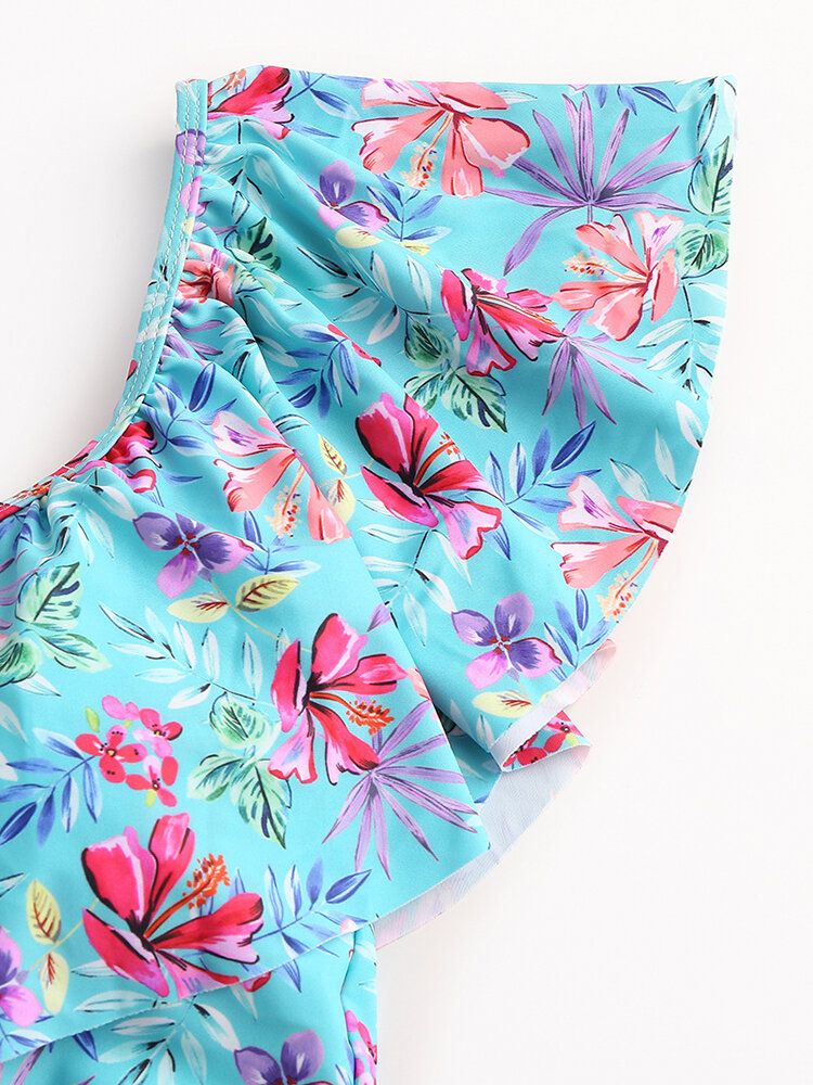 Tropical Plant Print Volanger High Waist Bikini Hawaii Casual Baddräkt För Kvinnor