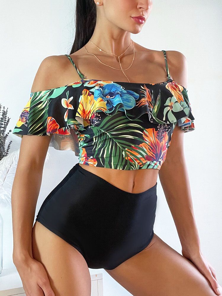 Tropical Plant Print Volanger Spaghetti Straps High Waisted Bikinis Dam Baddräkt