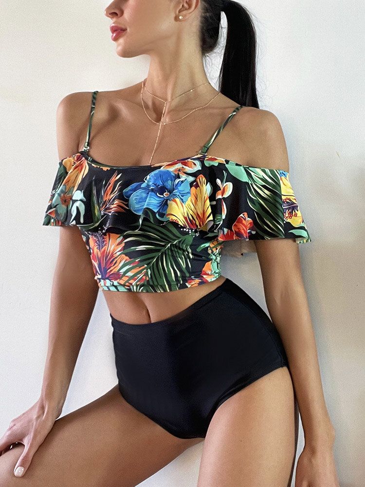 Tropical Plant Print Volanger Spaghetti Straps High Waisted Bikinis Dam Baddräkt