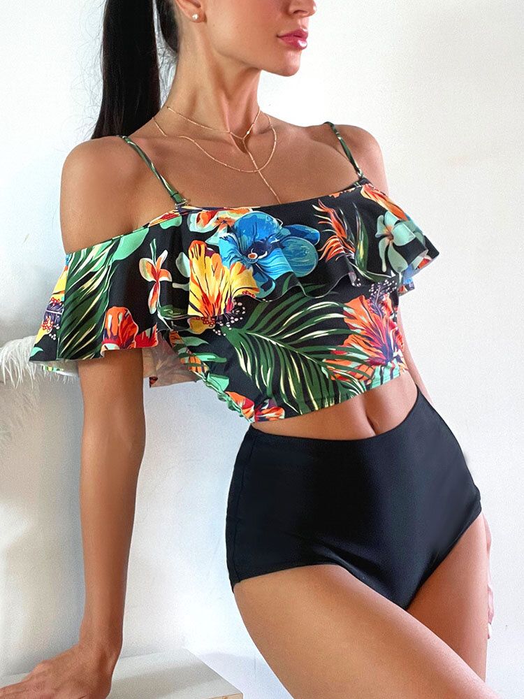 Tropical Plant Print Volanger Spaghetti Straps High Waisted Bikinis Dam Baddräkt