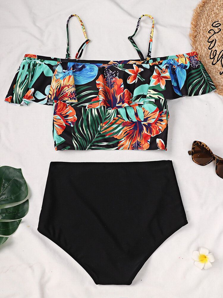 Tropical Plant Print Volanger Spaghetti Straps High Waisted Bikinis Dam Baddräkt