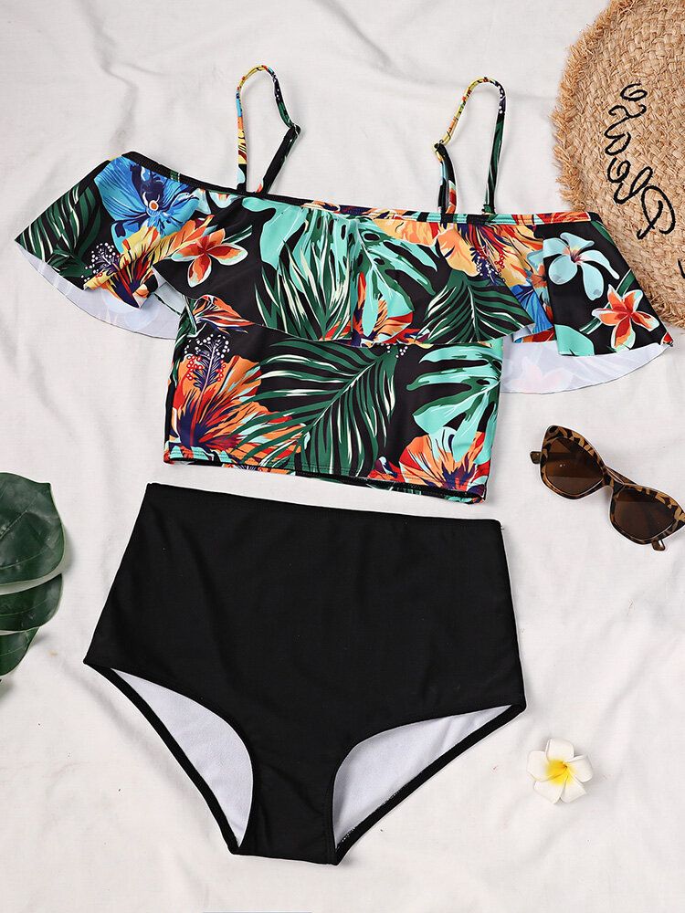 Tropical Plant Print Volanger Spaghetti Straps High Waisted Bikinis Dam Baddräkt