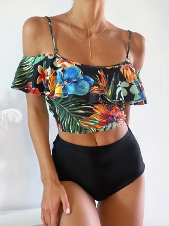 Tropical Plant Print Volanger Spaghetti Straps High Waisted Bikinis Dam Baddräkt