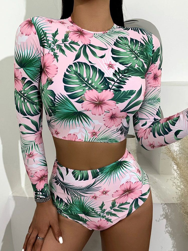 Tropical Plant Print Zip Back Långärmad Bikinis Med Hög Midja Dam Strandbaddräkt