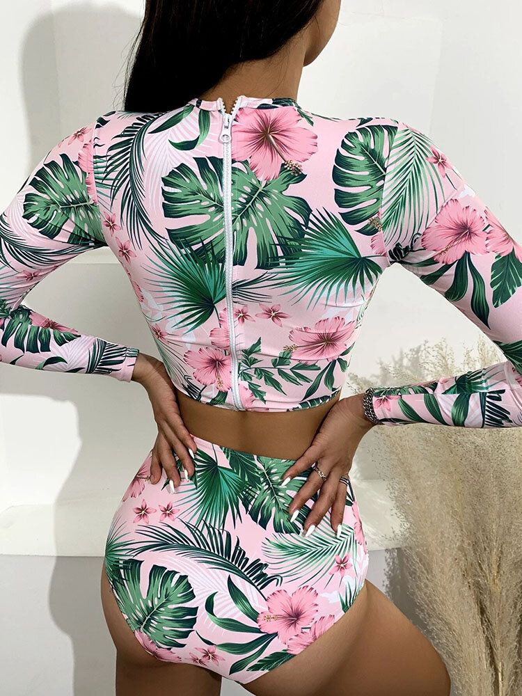 Tropical Plant Print Zip Back Långärmad Bikinis Med Hög Midja Dam Strandbaddräkt