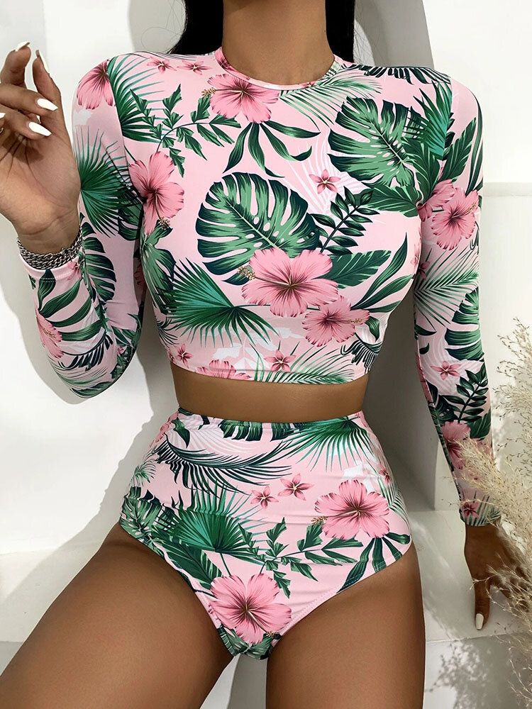 Tropical Plant Print Zip Back Långärmad Bikinis Med Hög Midja Dam Strandbaddräkt