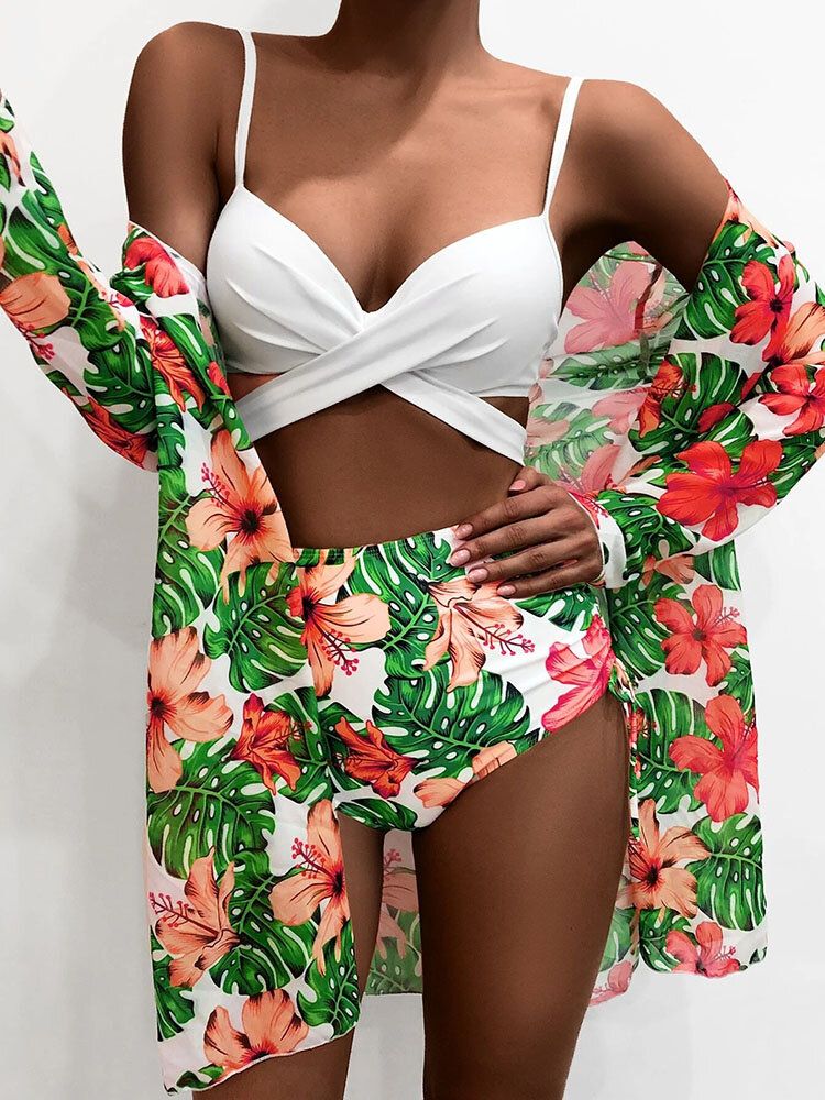 Tropical Plants Print Högmidjade Bikinis Badkläder Tredelade Set Med Täckning