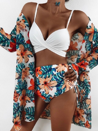 Tropical Plants Print Högmidjade Bikinis Badkläder Tredelade Set Med Täckning