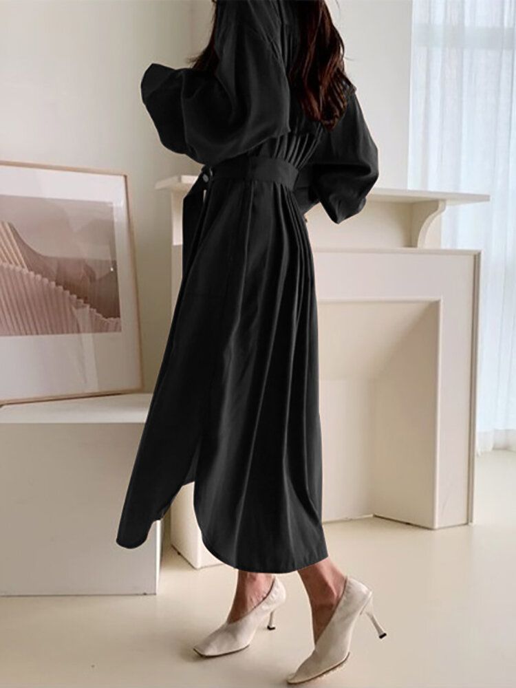 Solid Lantern Sleeve Button Bälte Stand Collar Shirt Dress