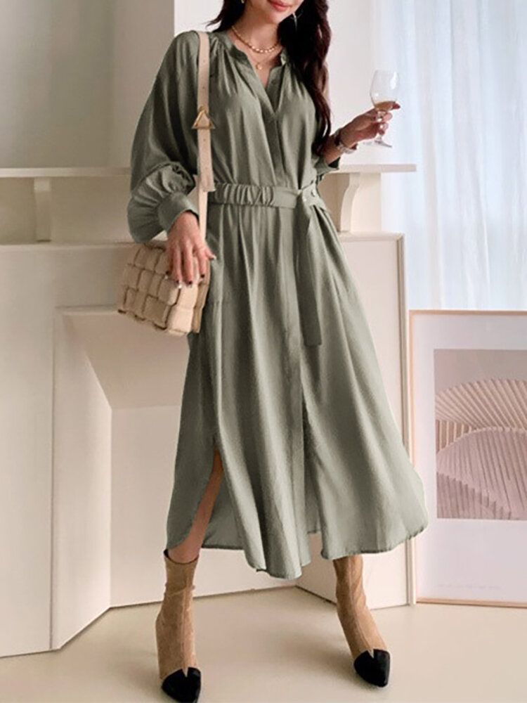 Solid Lantern Sleeve Button Bälte Stand Collar Shirt Dress