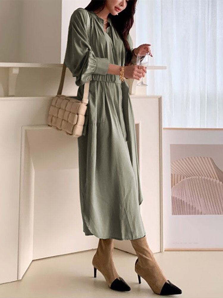 Solid Lantern Sleeve Button Bälte Stand Collar Shirt Dress