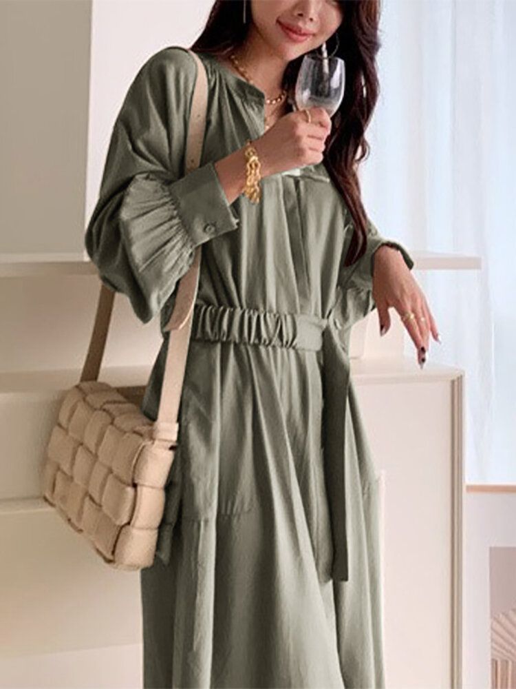 Solid Lantern Sleeve Button Bälte Stand Collar Shirt Dress