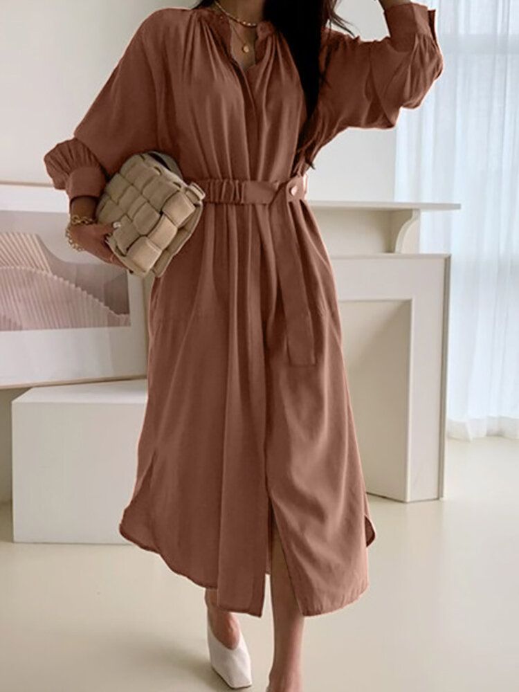 Solid Lantern Sleeve Button Bälte Stand Collar Shirt Dress