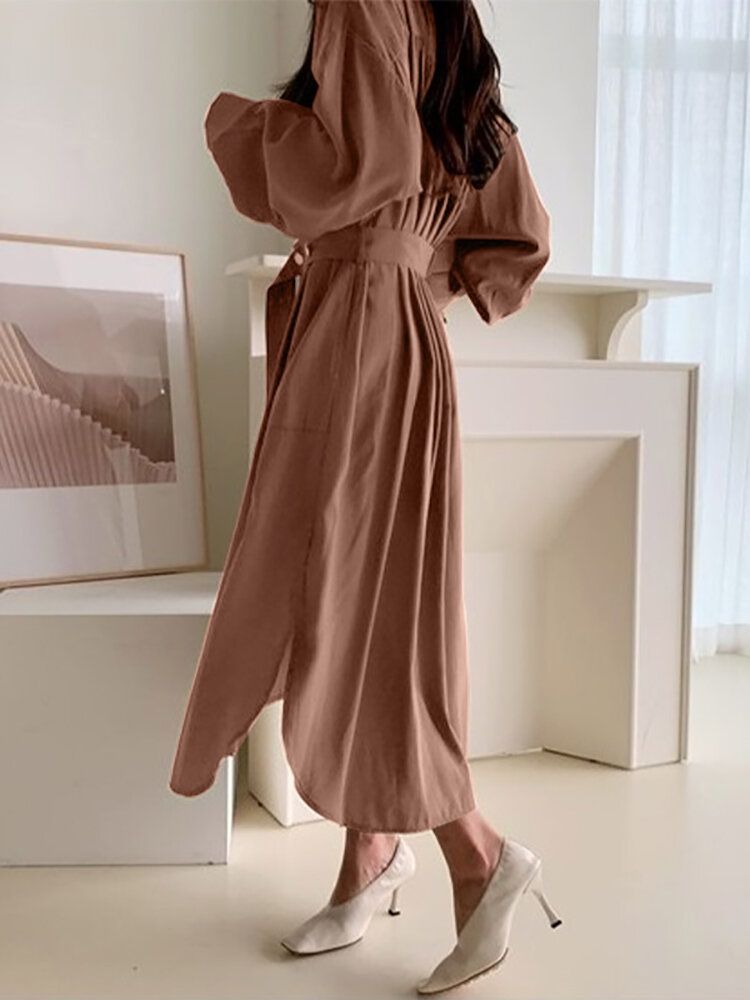 Solid Lantern Sleeve Button Bälte Stand Collar Shirt Dress