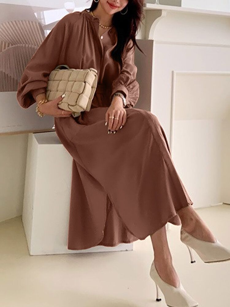 Solid Lantern Sleeve Button Bälte Stand Collar Shirt Dress