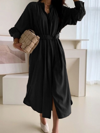 Solid Lantern Sleeve Button Bälte Stand Collar Shirt Dress