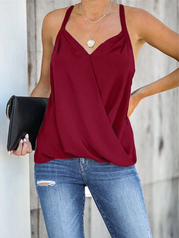 Casual Burgundy Halter V-ringad Ärmlös Front Cross Elegant Linne